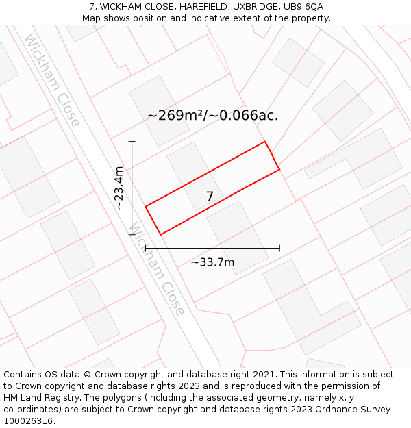 7, WICKHAM CLOSE, HAREFIELD, UXBRIDGE, UB9 6QA: Plot and title map