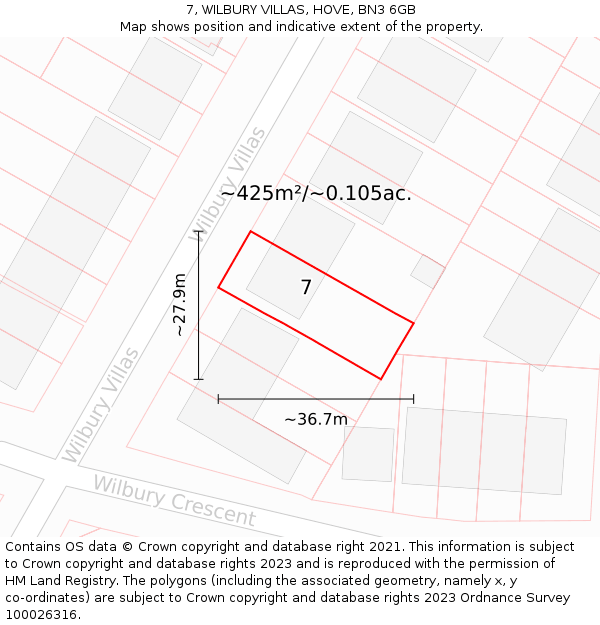 7, WILBURY VILLAS, HOVE, BN3 6GB: Plot and title map