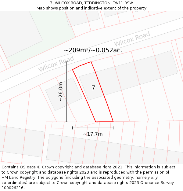 7, WILCOX ROAD, TEDDINGTON, TW11 0SW: Plot and title map