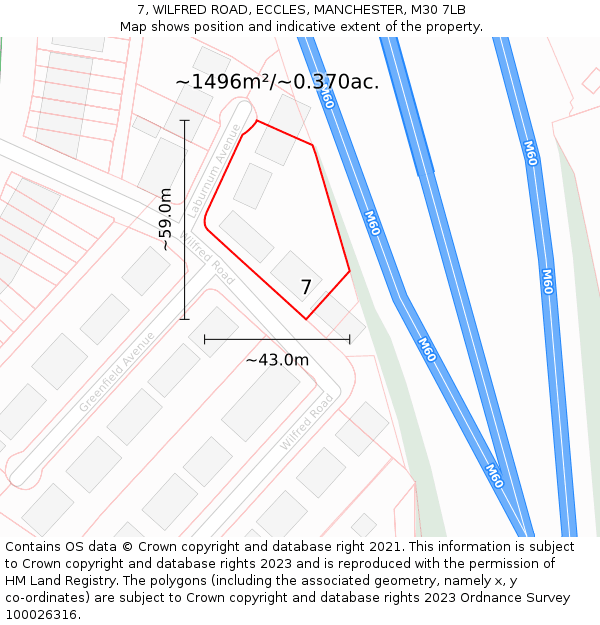 7, WILFRED ROAD, ECCLES, MANCHESTER, M30 7LB: Plot and title map