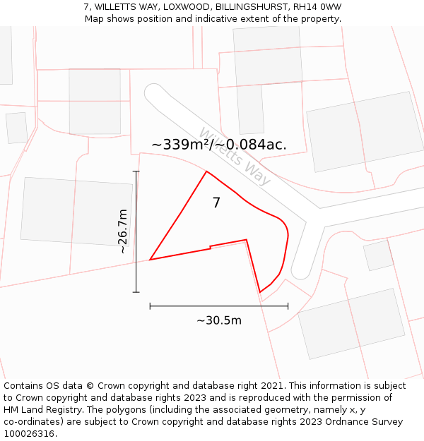 7, WILLETTS WAY, LOXWOOD, BILLINGSHURST, RH14 0WW: Plot and title map