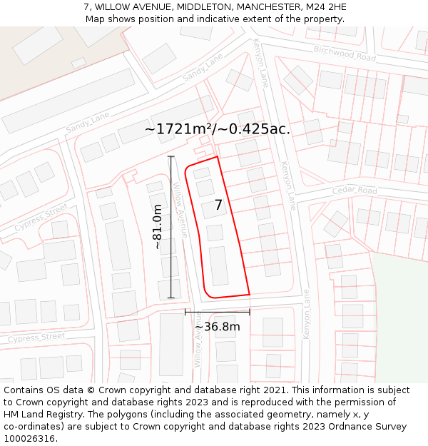7, WILLOW AVENUE, MIDDLETON, MANCHESTER, M24 2HE: Plot and title map