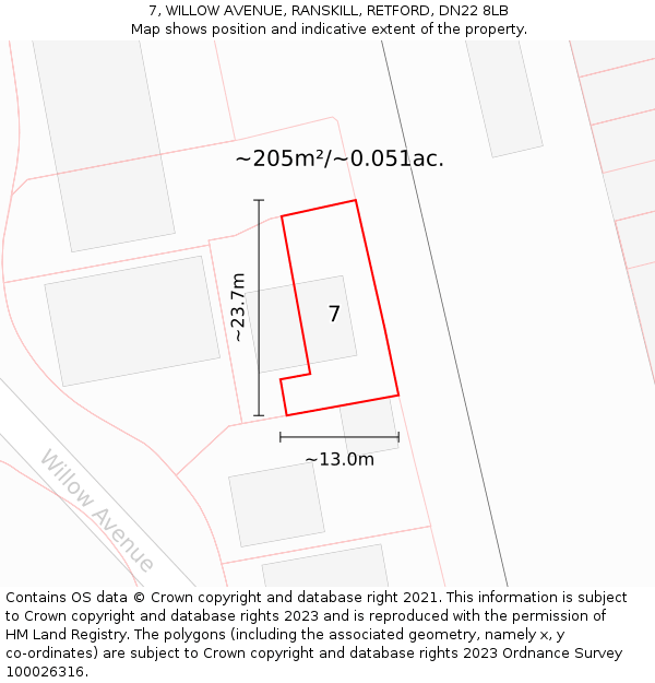 7, WILLOW AVENUE, RANSKILL, RETFORD, DN22 8LB: Plot and title map