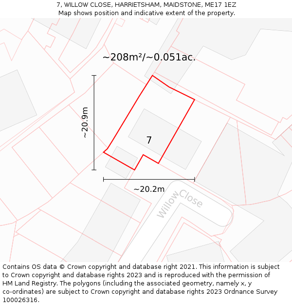 7, WILLOW CLOSE, HARRIETSHAM, MAIDSTONE, ME17 1EZ: Plot and title map