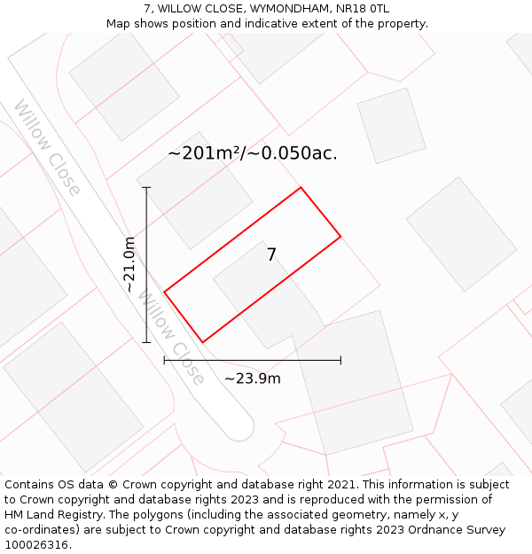 7, WILLOW CLOSE, WYMONDHAM, NR18 0TL: Plot and title map