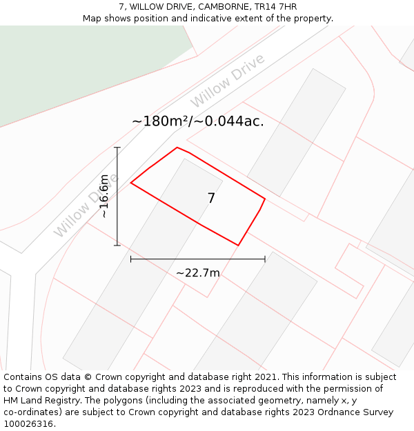7, WILLOW DRIVE, CAMBORNE, TR14 7HR: Plot and title map
