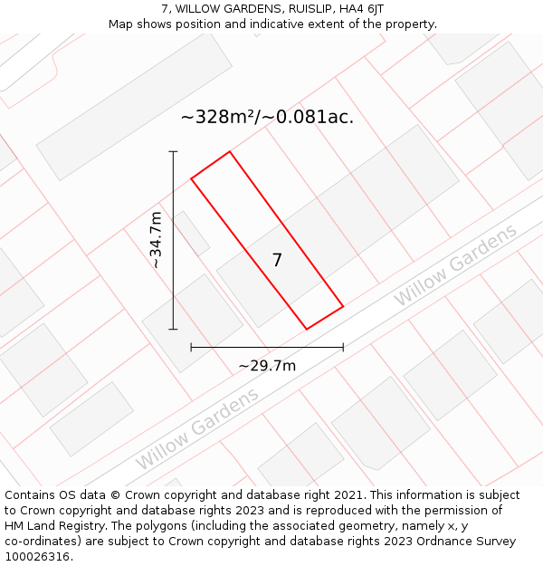 7, WILLOW GARDENS, RUISLIP, HA4 6JT: Plot and title map