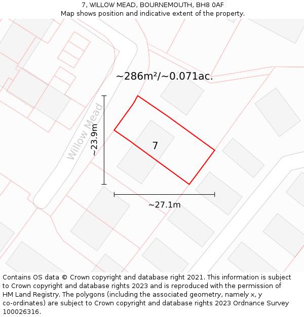 7, WILLOW MEAD, BOURNEMOUTH, BH8 0AF: Plot and title map