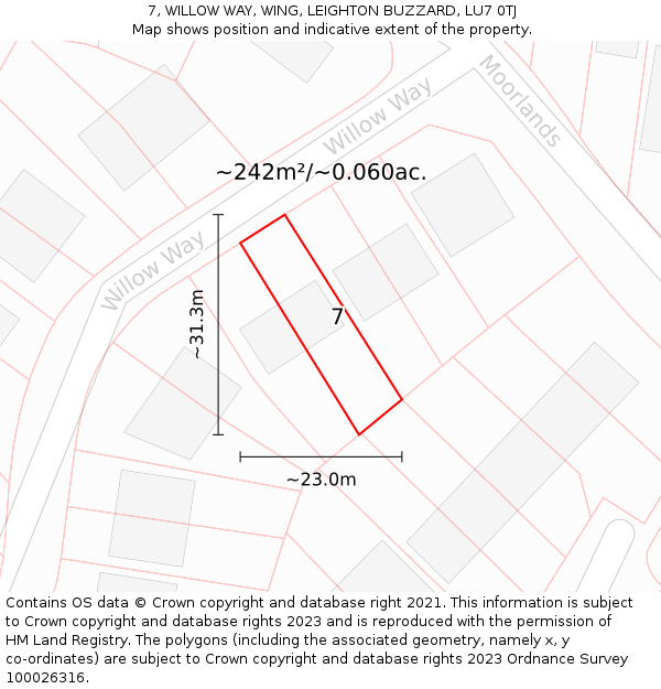 7, WILLOW WAY, WING, LEIGHTON BUZZARD, LU7 0TJ: Plot and title map