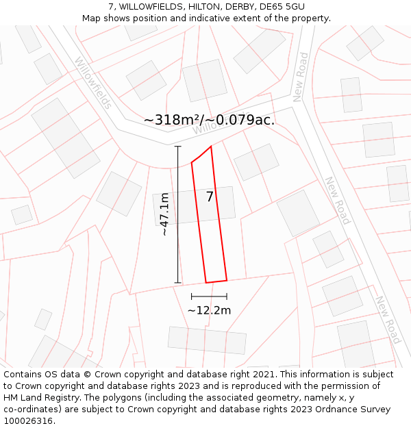 7, WILLOWFIELDS, HILTON, DERBY, DE65 5GU: Plot and title map