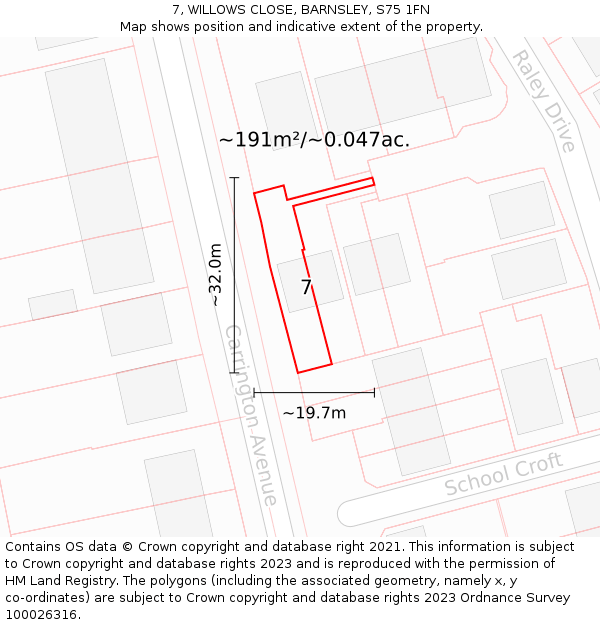 7, WILLOWS CLOSE, BARNSLEY, S75 1FN: Plot and title map