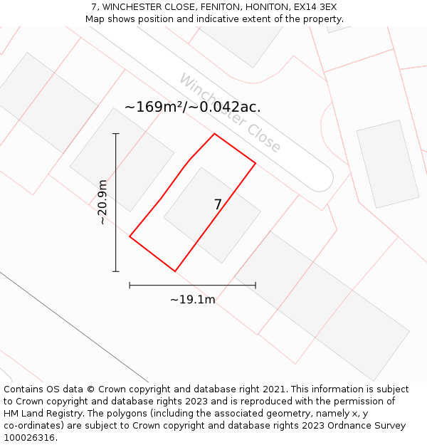 7, WINCHESTER CLOSE, FENITON, HONITON, EX14 3EX: Plot and title map