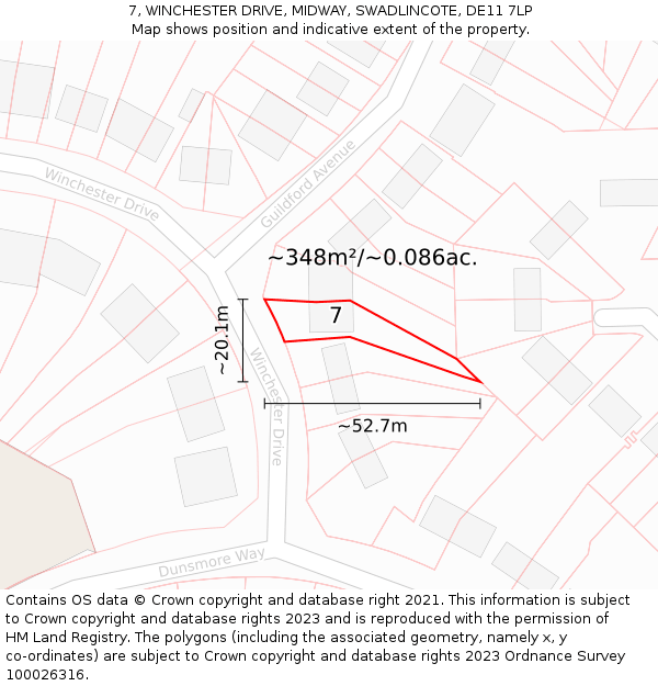 7, WINCHESTER DRIVE, MIDWAY, SWADLINCOTE, DE11 7LP: Plot and title map