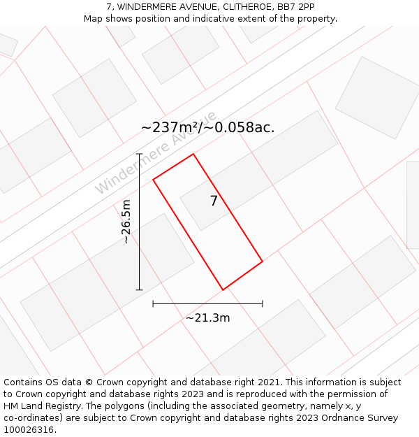 7, WINDERMERE AVENUE, CLITHEROE, BB7 2PP: Plot and title map