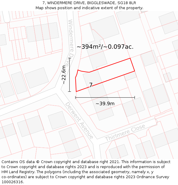 7, WINDERMERE DRIVE, BIGGLESWADE, SG18 8LR: Plot and title map