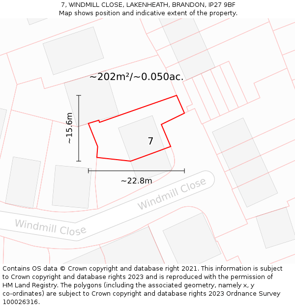 7, WINDMILL CLOSE, LAKENHEATH, BRANDON, IP27 9BF: Plot and title map