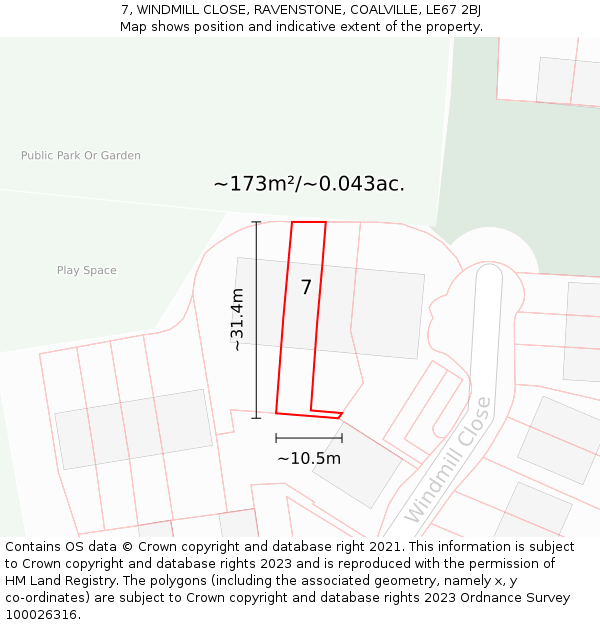 7, WINDMILL CLOSE, RAVENSTONE, COALVILLE, LE67 2BJ: Plot and title map