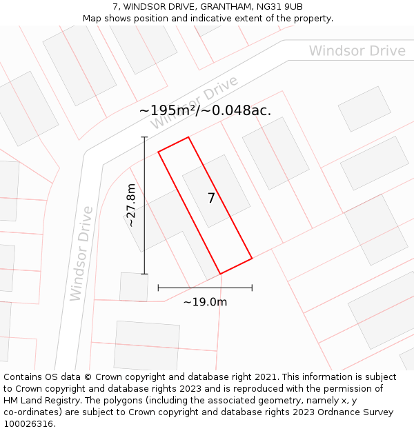 7, WINDSOR DRIVE, GRANTHAM, NG31 9UB: Plot and title map
