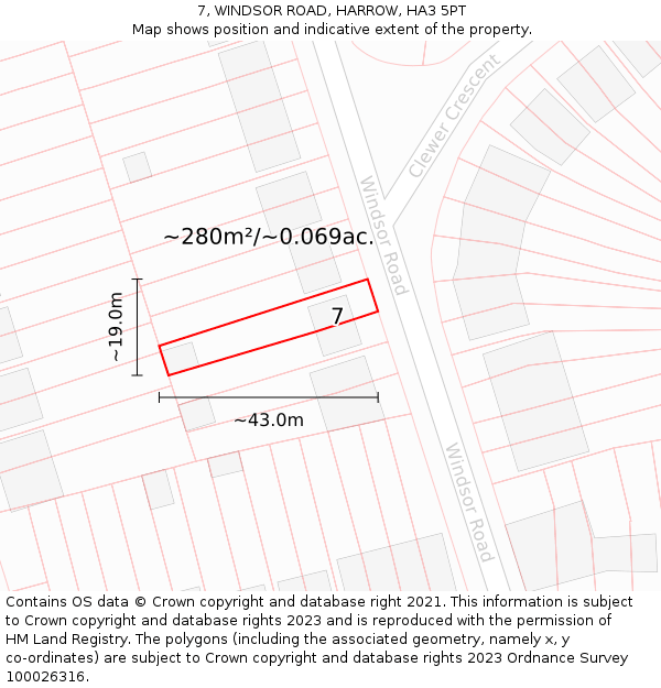 7, WINDSOR ROAD, HARROW, HA3 5PT: Plot and title map