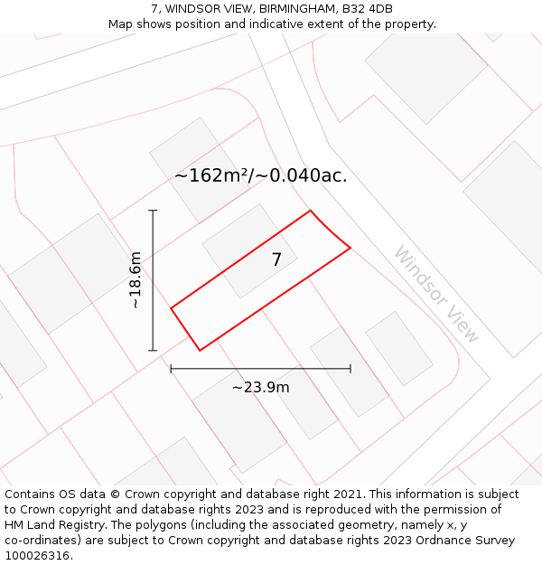 7, WINDSOR VIEW, BIRMINGHAM, B32 4DB: Plot and title map