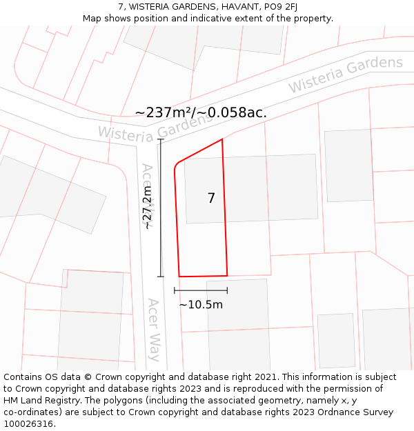 7, WISTERIA GARDENS, HAVANT, PO9 2FJ: Plot and title map
