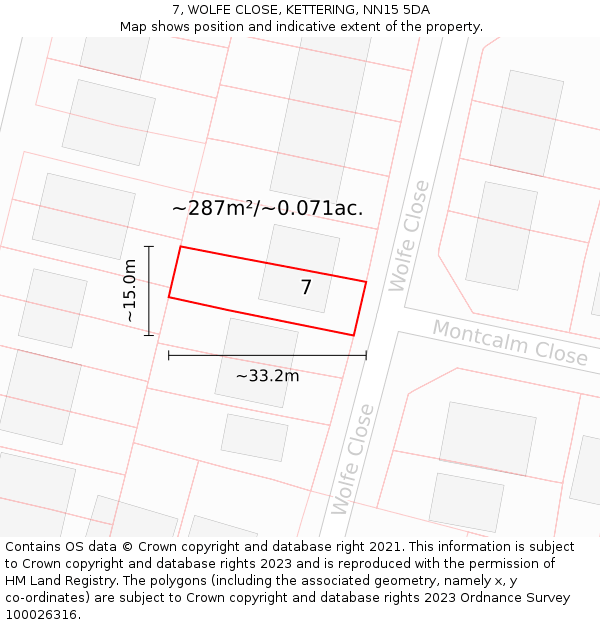 7, WOLFE CLOSE, KETTERING, NN15 5DA: Plot and title map