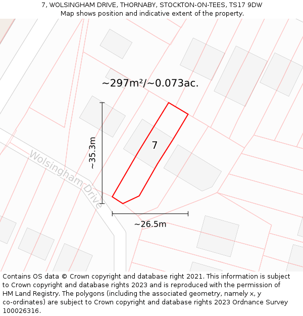 7, WOLSINGHAM DRIVE, THORNABY, STOCKTON-ON-TEES, TS17 9DW: Plot and title map