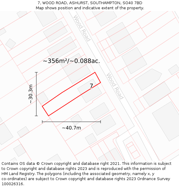 7, WOOD ROAD, ASHURST, SOUTHAMPTON, SO40 7BD: Plot and title map