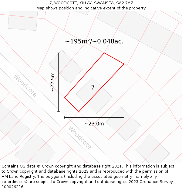 7, WOODCOTE, KILLAY, SWANSEA, SA2 7AZ: Plot and title map