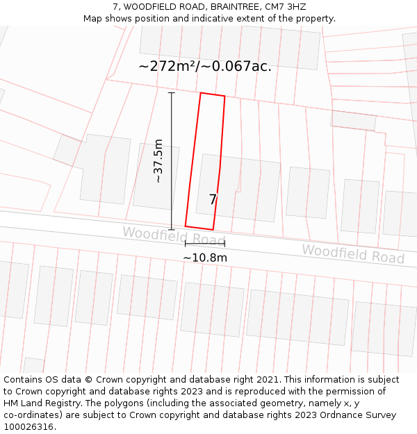 7, WOODFIELD ROAD, BRAINTREE, CM7 3HZ: Plot and title map