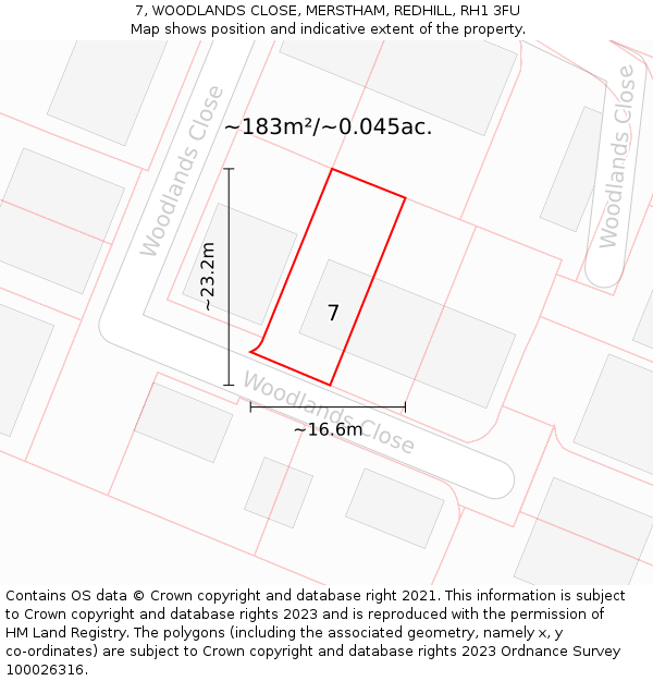7, WOODLANDS CLOSE, MERSTHAM, REDHILL, RH1 3FU: Plot and title map