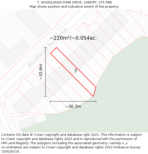 7, WOODLANDS PARK DRIVE, CARDIFF, CF5 5RB: Plot and title map