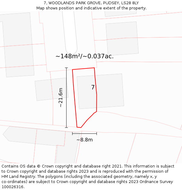 7, WOODLANDS PARK GROVE, PUDSEY, LS28 8LY: Plot and title map