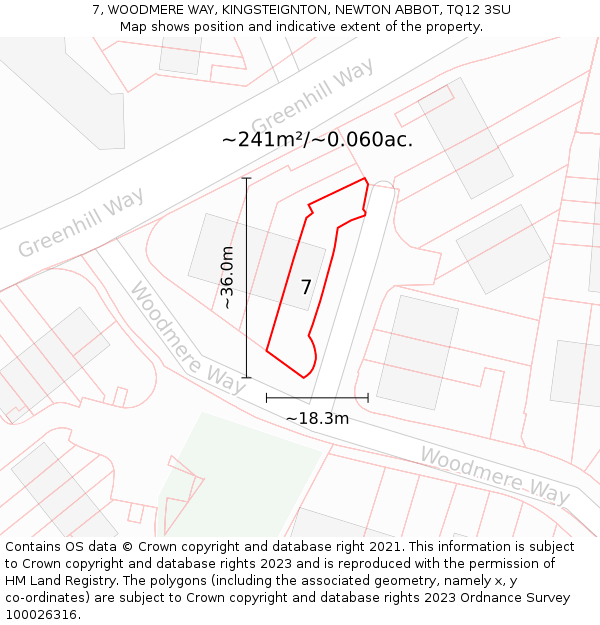 7, WOODMERE WAY, KINGSTEIGNTON, NEWTON ABBOT, TQ12 3SU: Plot and title map