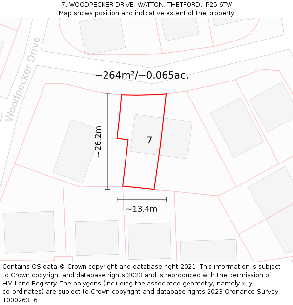 7, WOODPECKER DRIVE, WATTON, THETFORD, IP25 6TW: Plot and title map
