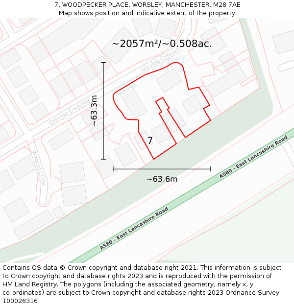 7, WOODPECKER PLACE, WORSLEY, MANCHESTER, M28 7AE: Plot and title map