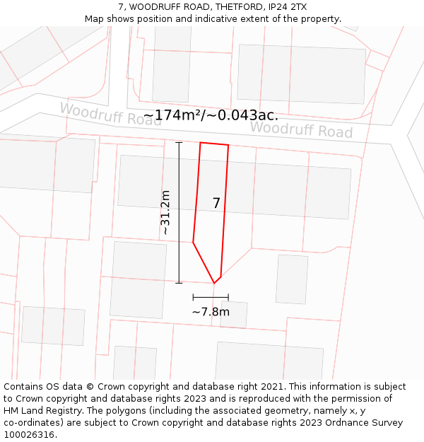 7, WOODRUFF ROAD, THETFORD, IP24 2TX: Plot and title map