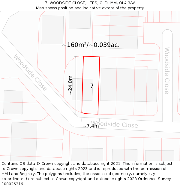 7, WOODSIDE CLOSE, LEES, OLDHAM, OL4 3AA: Plot and title map