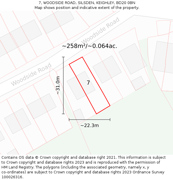 7, WOODSIDE ROAD, SILSDEN, KEIGHLEY, BD20 0BN: Plot and title map