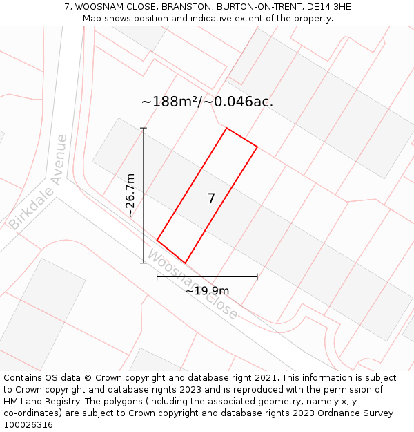 7, WOOSNAM CLOSE, BRANSTON, BURTON-ON-TRENT, DE14 3HE: Plot and title map