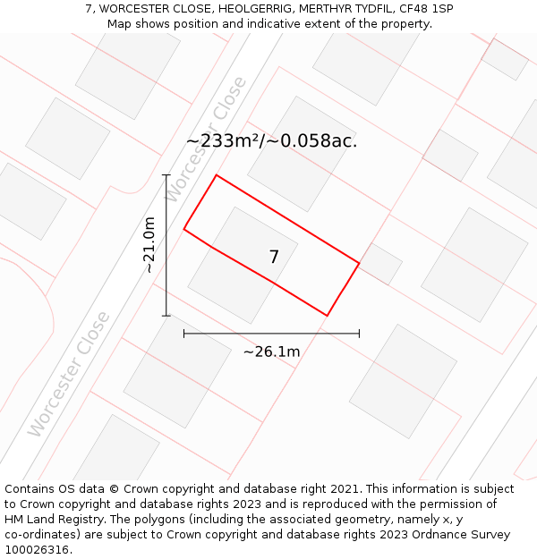 7, WORCESTER CLOSE, HEOLGERRIG, MERTHYR TYDFIL, CF48 1SP: Plot and title map