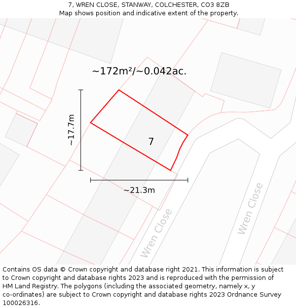 7, WREN CLOSE, STANWAY, COLCHESTER, CO3 8ZB: Plot and title map