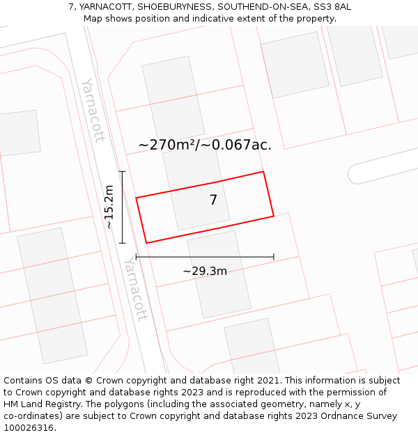 7, YARNACOTT, SHOEBURYNESS, SOUTHEND-ON-SEA, SS3 8AL: Plot and title map