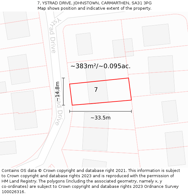 7, YSTRAD DRIVE, JOHNSTOWN, CARMARTHEN, SA31 3PG: Plot and title map