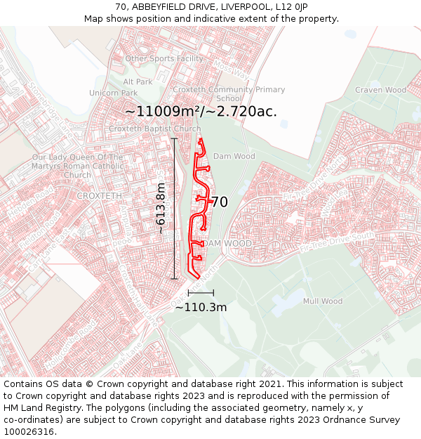 70, ABBEYFIELD DRIVE, LIVERPOOL, L12 0JP: Plot and title map
