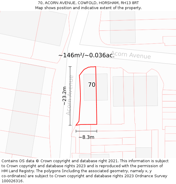 70, ACORN AVENUE, COWFOLD, HORSHAM, RH13 8RT: Plot and title map
