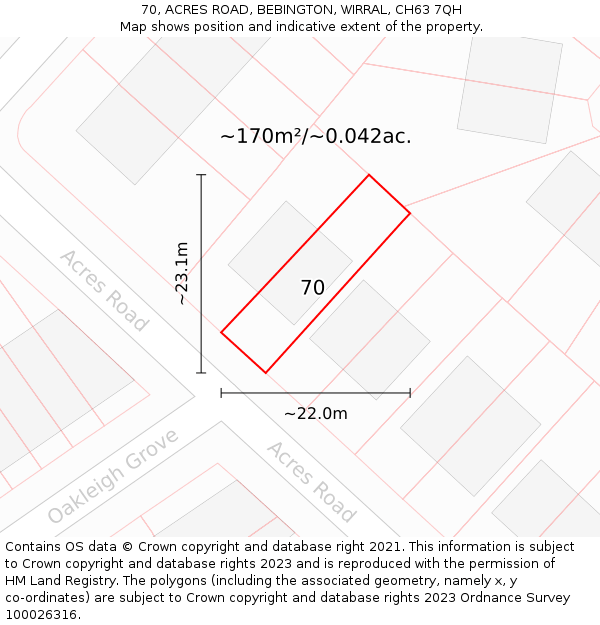 70, ACRES ROAD, BEBINGTON, WIRRAL, CH63 7QH: Plot and title map