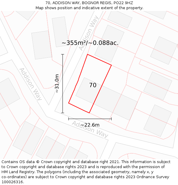 70, ADDISON WAY, BOGNOR REGIS, PO22 9HZ: Plot and title map