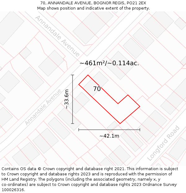 70, ANNANDALE AVENUE, BOGNOR REGIS, PO21 2EX: Plot and title map