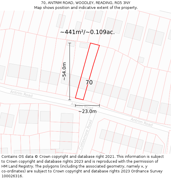 70, ANTRIM ROAD, WOODLEY, READING, RG5 3NY: Plot and title map